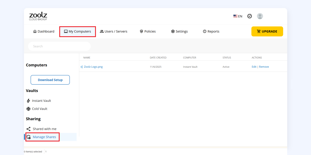 Zoolz Manage Shares Web Page
